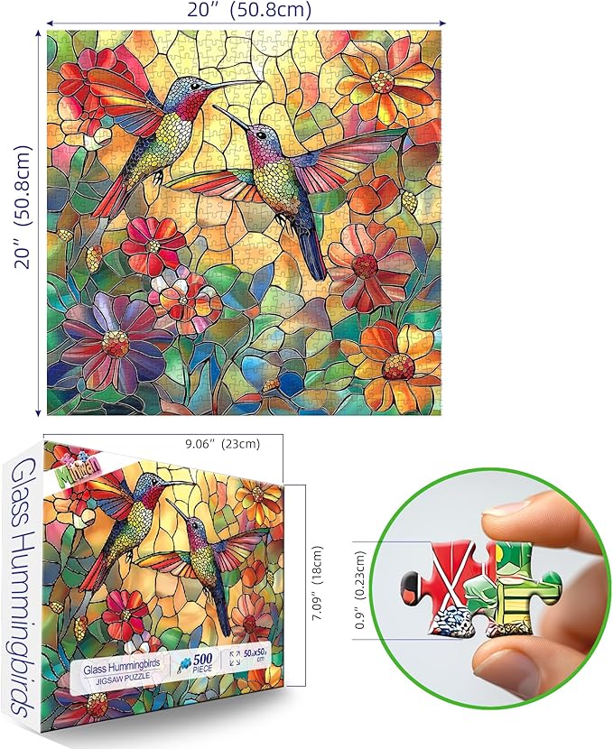 Stained Glass Flower Hummingbird Puzzles for Adults 500 Pieces - Colorful Mosaic Jigsaw Puzzle & Family Fun - Challenging & Unique with Letters on Back Puzzle- 20x20 Inches