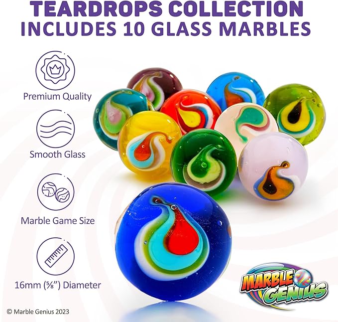 Marble Genius Collectors Marbles, Teardrop, 16mm (⅝ Inch), 10 Handmade Glass Marbles, Gifts for Marble Lovers, Gifts for Kids Ages 3+