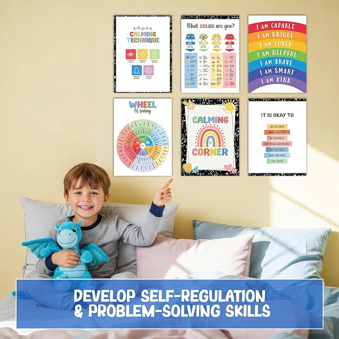 Set 12 Calming Corner Posters for Classroom Must Haves For Teachers, Composition Notebook Classroom Decor, 10x12 Calm Down Corner Supplies, Feelings Chart For Kids Ages 4-8, Feelings Wheel Poster