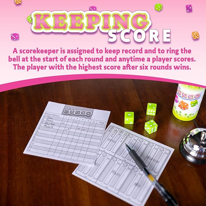 Continuum Games Retro Bunco Game Kit Party Box for Ladies Night 2-12 Players 3 Sets of Bunco Dice, Bell, and Score Pad for Game Night