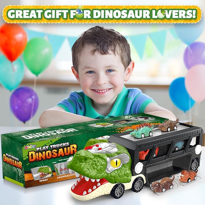 Dinosaur Toys for Kids 3-5, 5-7, Dinosaur Transport Carrier Truck with 10 Mini Car, Dinosaur T-Rex Cars Track Set for Toddlers 3-4 with Spray & Light & Sound, Birthday Gifts for 3 4 5 6 Year Old Boy