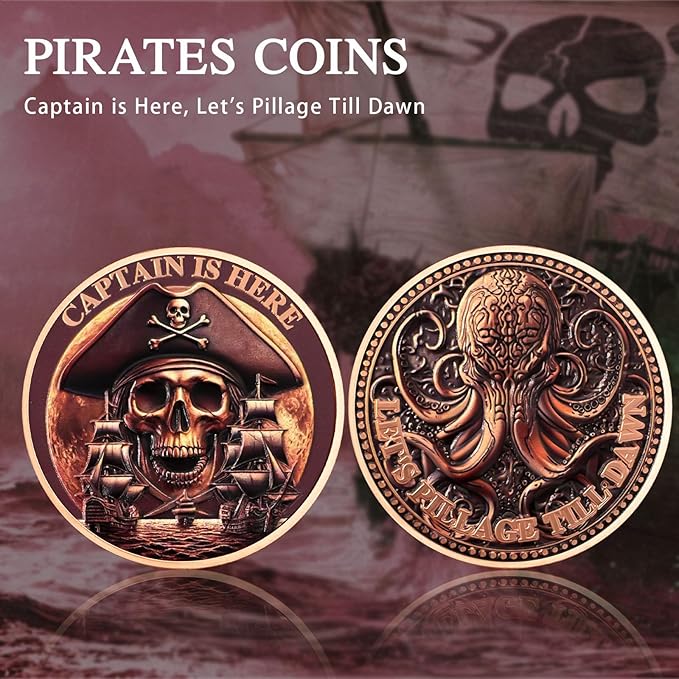 CHURYUML Pirate Coin Let's Pillage Till Dawn Skull Challenge Coins Pirate Enthusiasts Collectible Pirate Themed Party Gifts EDC Pirates Token Inspirational Gifts