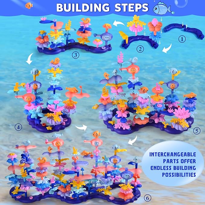 Doloowee 156Pcs Flower Garden Building Toys for Girls 3 4 5 6 7 8Year Old, Upgrade DIY Marine Coral Stacking Toys, STEM Preschool Educational Toddler Toys