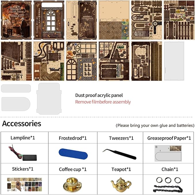ISSEVE Book Nook Kit, DIY 3D Wooden Puzzle Dollhouse Booknook for Adults, Tiny Miniature House Kit Bookshelf Decor with LED Light and Dust Cover, Gifts for Family and Friends (Coffee House)