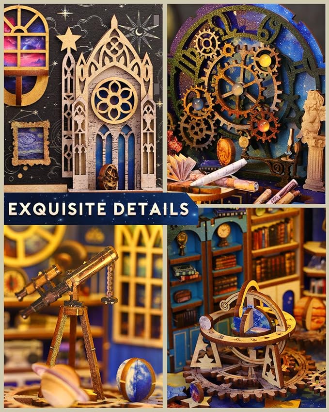 Book Nook Kit Interstellar, DIY Booknooks Kit for Adults Teens with Sensor Lights, Bookshelf Diorama Miniature Scenes Insert Decor, 3D Wooden Puzzle Miniature House Kit Gifts