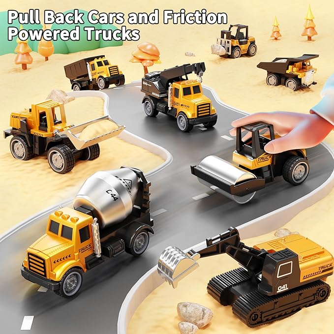 HONGTUO Alloy Mini Construction Vehicles, 8Pcs Die-cast Construction Toys Set, Excavators Mixer Truck Bulldozers Forklift Dump Truck, Pull Back Car Toys for Toddlers Kids Boys & Girls