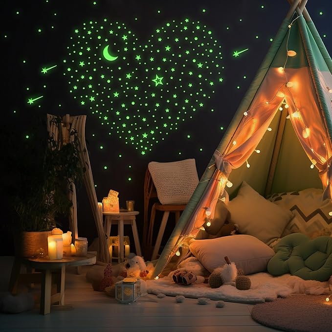 Glow in The Dark Stickers for Ceiling,447PCS Lasting and Bright Glow Stars,3D Glowing Star,Luminous Moon and Stars Decor,Decals for Kids Room.Party Birthday Gift.Green