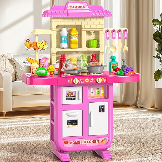 36 in Kids Kitchen Playset for Ages 2-6 4-8, Play Kitchen with Light, Sound and Spraying, Sink Toy Accessories, Cooking Stoves, Pretend Food Toys for Toddlers 1-3 3-5 Boys Girls 6-12 (Pink)