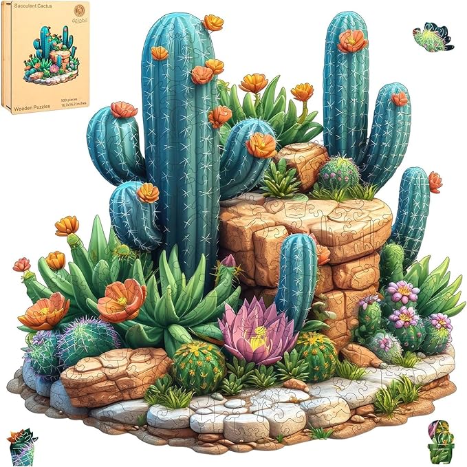 delobil Succulent Cactus Wooden Puzzles for Adults, 500 Pieces Jigsaw Puzzles, Unique Shaped Medium Size Liberty Wood Puzzle Gift for Adults and Kids, Family Game 16.7'' x 16.2''