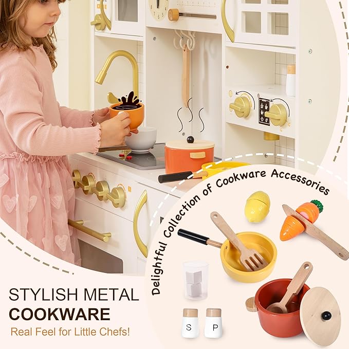 Kids Wooden Play Kitchen Set with Oven, Ice Maker & Coffee Maker - Pretend Cooking Toy Gift for Toddlers 3+ Years