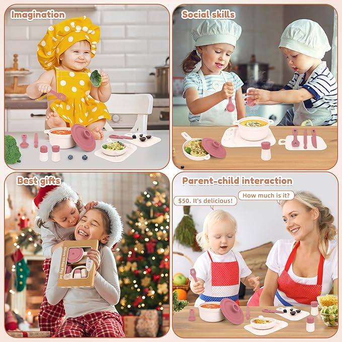 TYRY.HU Play Kitchen Accessories, 11Pcs BPA Free Silicone Pretend Play Food Sets, Play Kitchen Set,Play Kitchen Cooking Utensils Pots & Pans, Pretend Role Play Cooking Toys Gifts for Toddlers 1-3,Pink