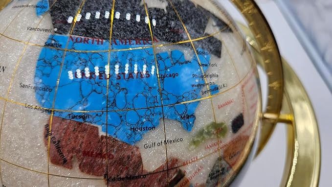 Unique Art 13" Tall 9" Diameter Pearl White Ocean Desktop 4-Leg Gold Stand Gemstone Globe