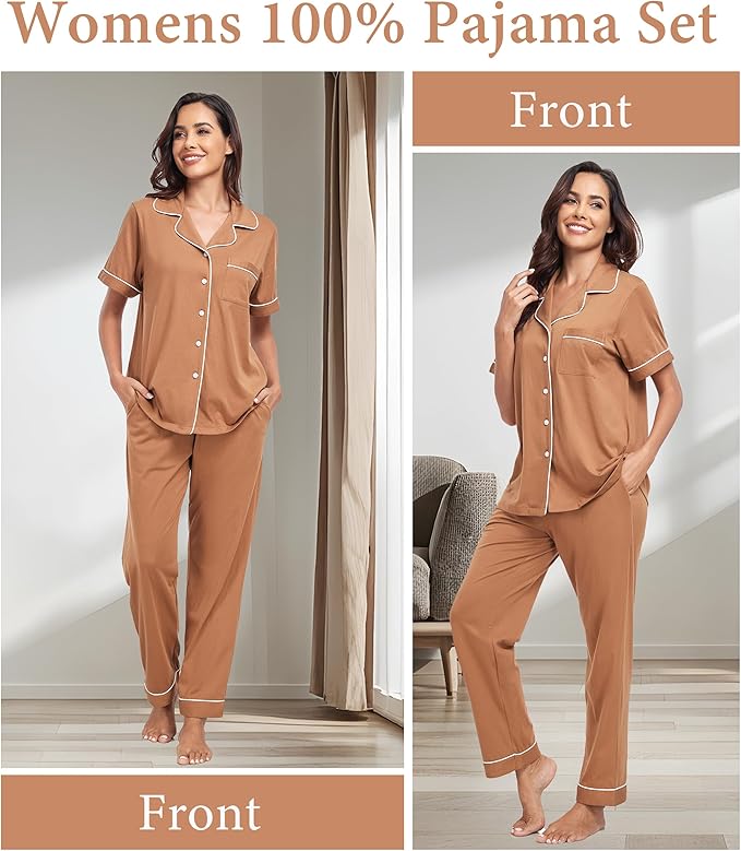 CF Womens 100% Cotton Pajamas Set Button Down Pjs Sets Short Sleeve Top & Long Pants Sleepwear Comfy Loungewear with Pockets