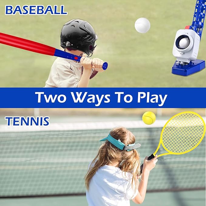 iPlay, iLearn Kids Pitching Machine Toys, 2 in 1 RC Baseball Tennis Pitcher, Auto Ball Launching Bat, Boy Outdoor Outside Sports Backyard Game, Birthday Gift 5 6 7 8 10 12 Yr Youth-Partially Assembled