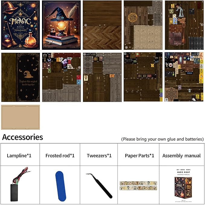 Book Nook Kit - DIY Miniature Dolls House Kit with Furniture and LED Light, 3D Puzzle Wooden Art Bookends, Model Kits for for Adults and Teens (Magic Night)