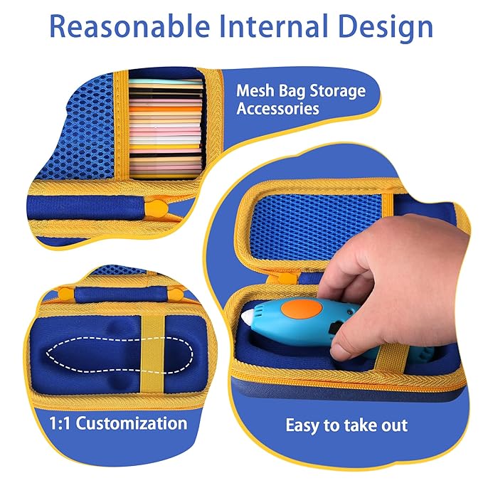 co2CREA Hard Case for 3Doodler Start+ Essentials (2024) 3D Pen Set - Storage Organizer with Custom Slots for Art Activity Set, Printing Filament Refill and USB Charger, Blue Case + Yellow Zipper