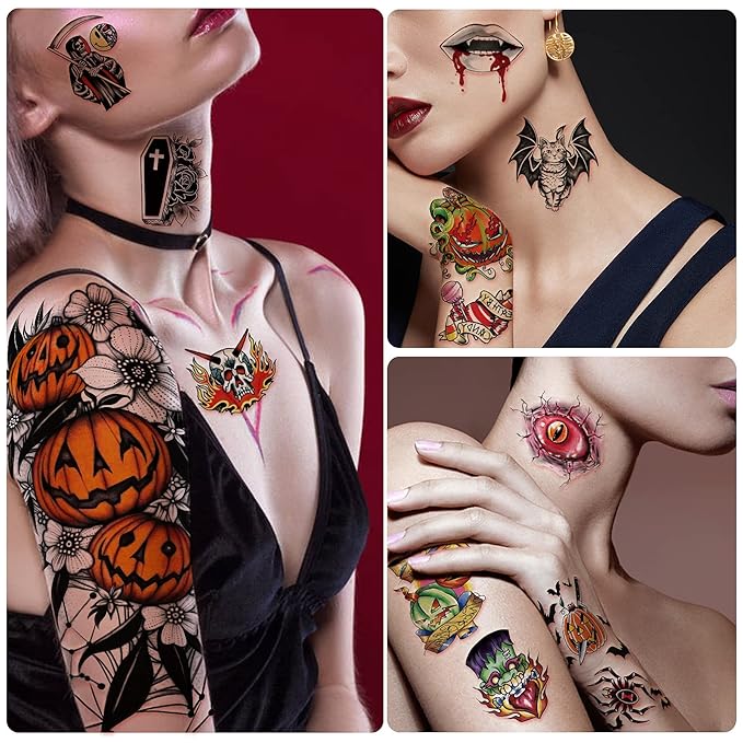 Yazhiji 40 Sheets Halloween Temporary Tattoos Pumpkin Witch Sugar Skull Tattoo Family Set Tats for Women Men Boys and Girls