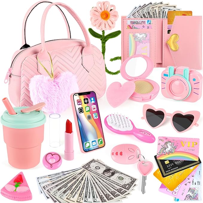 Play Purse for Little Girls Toddler, 35PCS Toddler Purse with Pretend Makeup for Kids, Girl Toys Princess Toy Includes Handbag, Phone, Kids Toy Purse Christmas Birthday Gift for Girls 3 4 5 6 7 8+