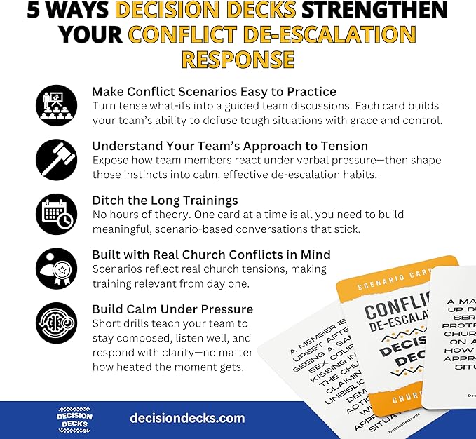 Church Safety and Security Decision Decks | 60 Conflict De-Escalation Scenario Cards for Church Safety Team Training, Leadership Communication, and Faith-Based Conflict Resolution