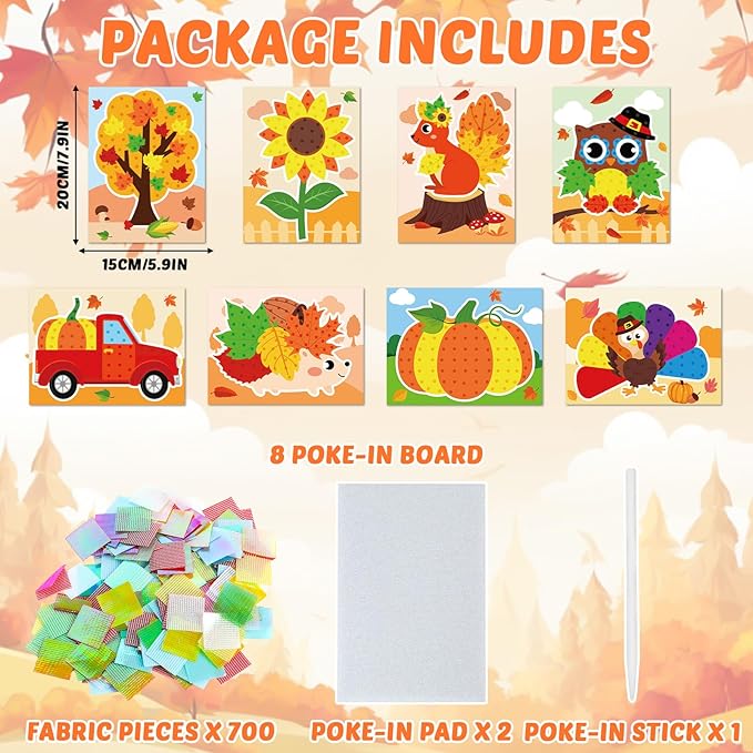 8PCS Poke-in Craft Art Kit Kids Fall Thanksgiving No-Mess Fabric Sewing Girl Boy 4-12 Puzzle Puncture Painting DIY Turkey Pumpkin Fall Harvest Toy Gift Creative Activity Game Birthday Party