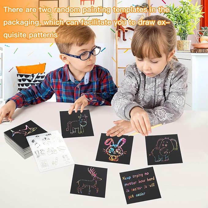 100 PCS Magic Rainbow Glitter Scratch Art Notes,Cool Scratch Paper for Teens,3.3"x3.3" Blank Scratch Art Set for DIY Crafts,with 2 Painting Templates and 2 Scratch Pen