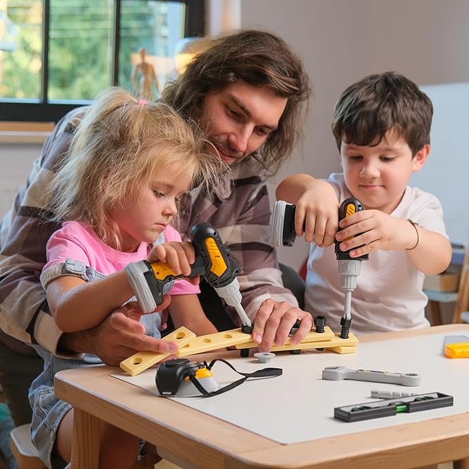 Kids Tool Set with Carrying Case, Electronic Toy Drill with Bits & Construction Vest – Pretend Play Kit with Safety Googles, Gas Shield, Tape Measure, Saw, Bubble Level, Screwdriver, Nuts & Bolts