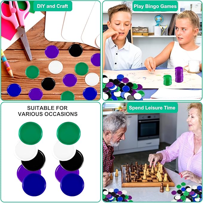 Coopay 500 Pieces Plastic Learning Counters Disks Bingo Chip 5 Colors Counting Discs Markers for Math Practice and Poker Chips Game Tokens Kids Reward, 1 Inch (White, Blue, Black, Green, Purple)