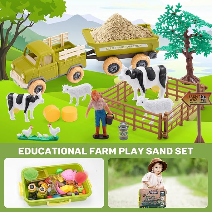 Play Sand Farm Toys, Farm Sensory Bins with 2.2lb Play Sand, Animal, Take Apart Truck Trailer Playset, Creativity Sandbox Toys with Lid for Kids 3 4 5 6 Years Old