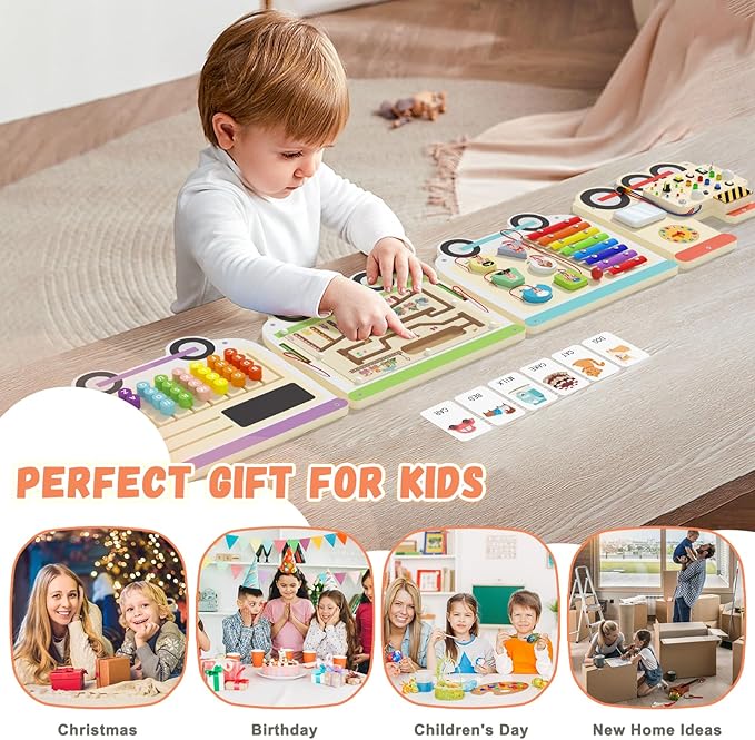 Montessori Sensory Board - Electric Train Wooden Wall Busy Board, Toddler Learning Panel Wall-Mounted, Educational Toys for 3-6 Years, Interactive Playroom/Daycare Activity Gifts for Boys Girls