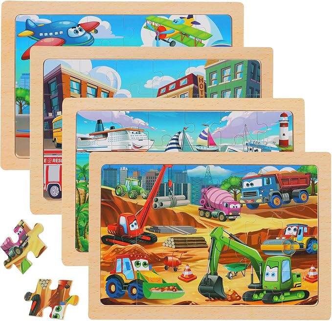 Wooden Puzzles for Kids Ages 4-6, 24 Piece Vehicle Car Construction Jigsaw Puzzles 4 Packs, Preschool Toddlers Learning Activity Puzzles Toys for Boys Girls 3 4 5 6 Years Old