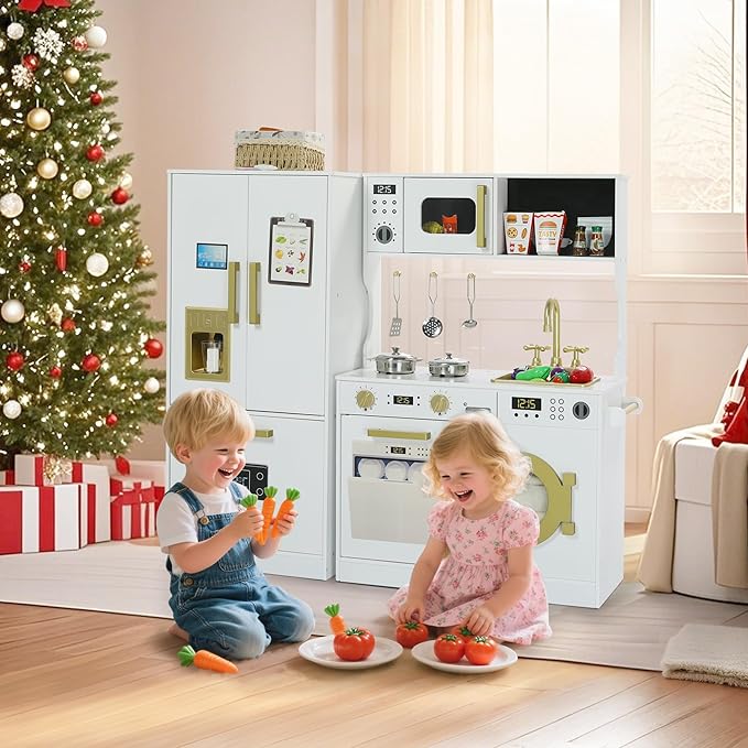 Play Kitchen Sets for Kids, Pretend Wooden Kids Kitchen Playset, Interactive Toy Kitchen with Freezer, Washing Machine, Ice Maker & Large Storage Space, for Boys Girls Ages 3+, White