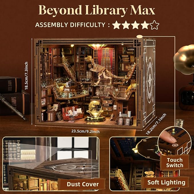 DIY Book Nook Kit, Miniature Dollhouse Booknook Kit, 3D Wooden Puzzle Bookend Bookshelf Insert Decor with LED Light for Teens and Adults (Beyond Library Max)