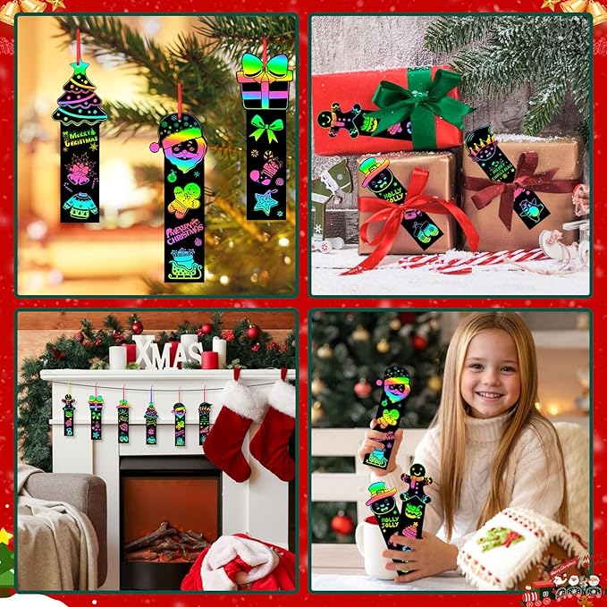 AUGSUN 96Pcs Christmas Scratch Bookmarks, Cute Tree Santa Snowman DIY Crafts Kit Rainbow Magic Scratch Paper Art for Xmas Hanging Ornaments Party Favors