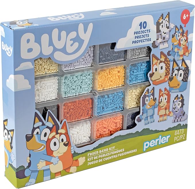 Perler 80-57182 Bluey Fused Bead Deluxe Box Kit, 10 Unique Patterns, Multicolor, 4473 Pieces