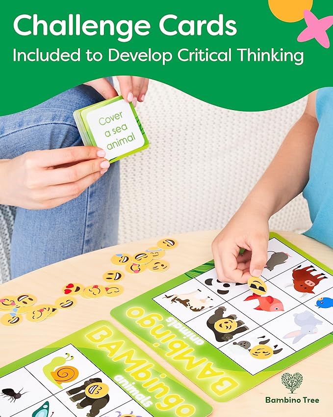 THE BAMBINO TREE Animal and Picture Bingo Game for Kids - Flash Cards Matching Learning Board Game for Ages 3-6 Preschool, Kindergarten & Family Fun
