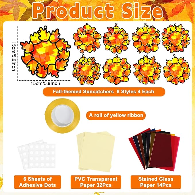 32 Sets Fall Thanksgiving Wreath Suncatchers Craft Kit DIY Window Stained Glass Effect autumn Wreath Paper Crafts Home School Classroom Decoration Kid Birthday Gift Creative Art Project Activity Game
