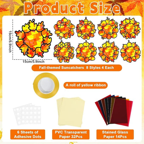 32 Sets Fall Thanksgiving Wreath Suncatchers Craft Kit DIY Window Stained Glass Effect autumn Wreath Paper Crafts Home School Classroom Decoration Kid Birthday Gift Creative Art Project Activity Game
