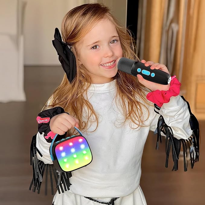 Mini Karaoke Machine with 2 Wireless Microphones, TOP Kids Gifts for Girls Ages 3, 4, 5, 6, 7, 8, 9,10,11,12 +Year Old, 4-12 Years Old Birthday Toy Gift for Girls Boys Party (Black Blue)