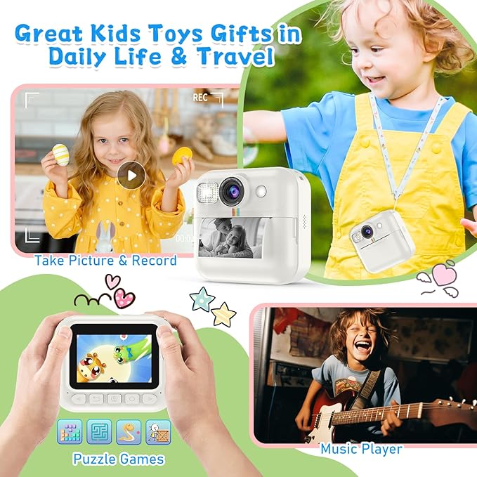 Instant Print Camera for Kids, 3-12 Year Old Girls Boys Gifts, 1080P Video Children Digital Camera with 32GB Card, Kids Christmas Birthday Gifts Toddler Photo Camera Toys for Age 3 4 5 6 7 8 9 White