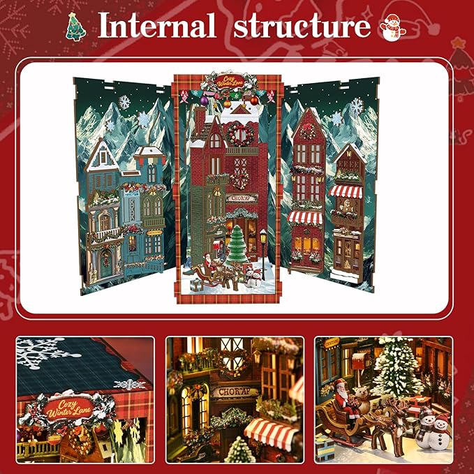 DIY Miniature House Kit, Mini House Building Kit, DIY Book Nook Kit, Tiny Model House for Adults to Build, Beginner 3D Wooden Book Nook, for Family Friends (Christmas Corner)