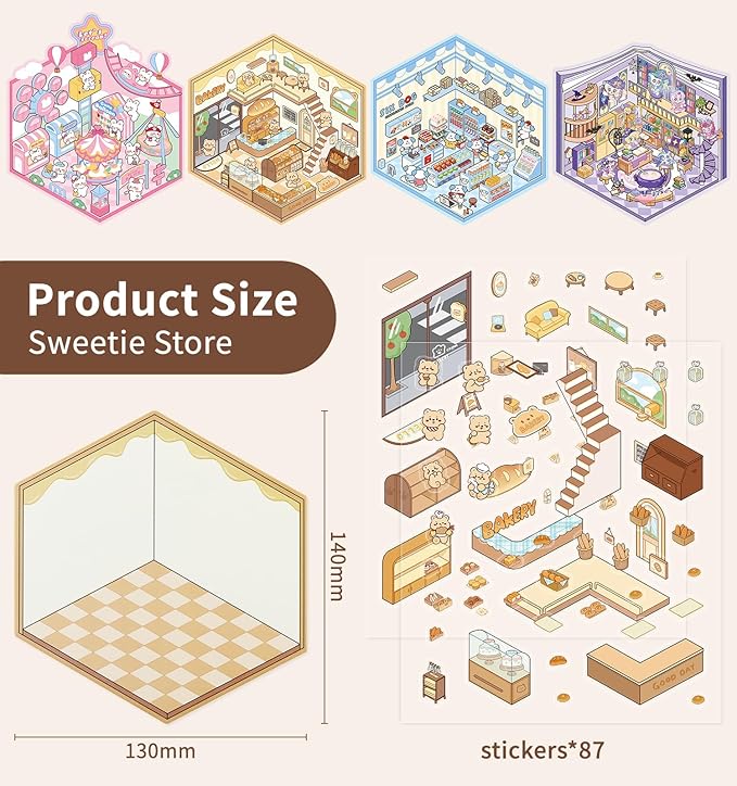 DIY 3D House Stickers, 4 Sets Fun DIY Sticker Scene Make Your Own Mini House Cute Cartoon Animal Scene Stickers for Kids Adult Sticker Art Relief Stress Pass The Time