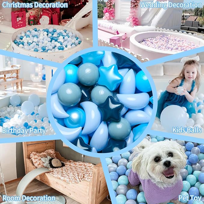 GOGOSO Ball Pit Balls Stars Moon Shapes Plastic Pitballs for Toddler Play Tent Baby Photo Props Kids Pool Water Toys Kiddie Pool Party Decor,Gradient Blue, 100pcs