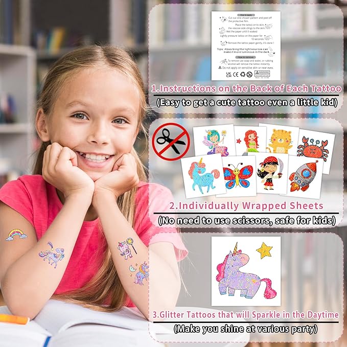 Partywind 408 Glitter Styles Kids Temporary Tattoos for Boys Girls, Individually Wrapped Tattoo Stickers for Kids Party Goodie Bag Stuffers, Birthday Party Supplies Favors for Children Games