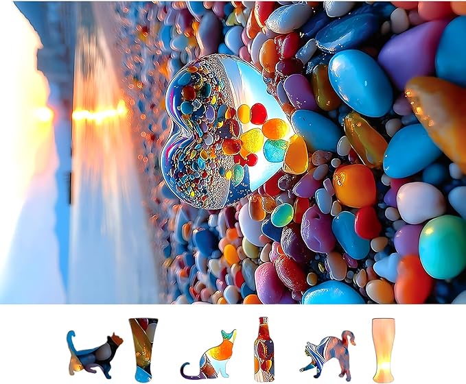 500 Piece Jigsaw Puzzle for Adults Sunset Beach Scene Colorful Heart-Shaped Pebbles ibrant Ocean View Relaxing Coastal Landscape Challenging Puzzle for Puzzle Lovers (23"x15")