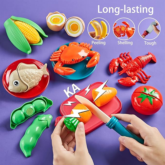 Pretend Play Food for Kids Kitchen - 78Pc Cutting Toy with Storage Bag, Toys Veggies, Fruits, Fake Pizza Toy, Food, Accessories, Boys Girls Gift, 9.5 x 7 x 6 in (ZY-78)