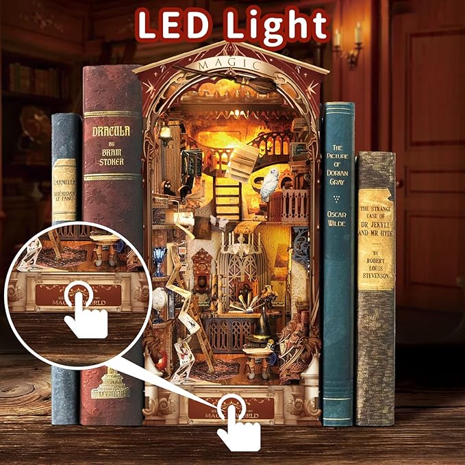 DIY Book Nook Kit,New DIY Dollhouse Booknook Bookshelf Insert Decor,3D Wooden Puzzles with LED,Book Nook Miniature Kit,Birthday Easter Home Decor for Teens Adult-Magic World