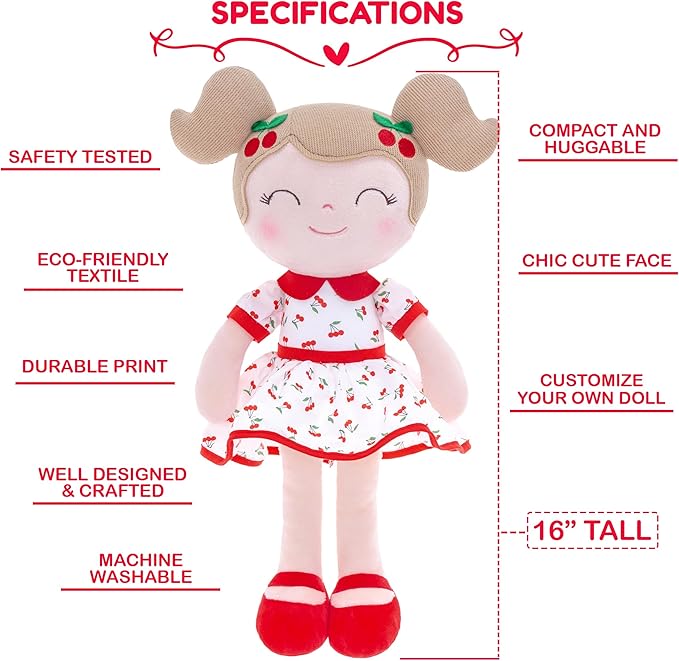 Gloveleya Personalized Doll with Your Name - Cute Red Cherry Color Custom Soft Plush Doll for Girls Plush Doll Customized Gifts - Muñecas de Trapo Personalizadas para Niñas