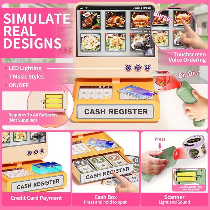 Toddler Toy Grocery Store, Supermarket Playset with Touch Voice Cash Register, Scanner, Coffee Maker, Play Food, Play Money, Pretend Play Toys for Toddlers Kids Birthday (Pink)
