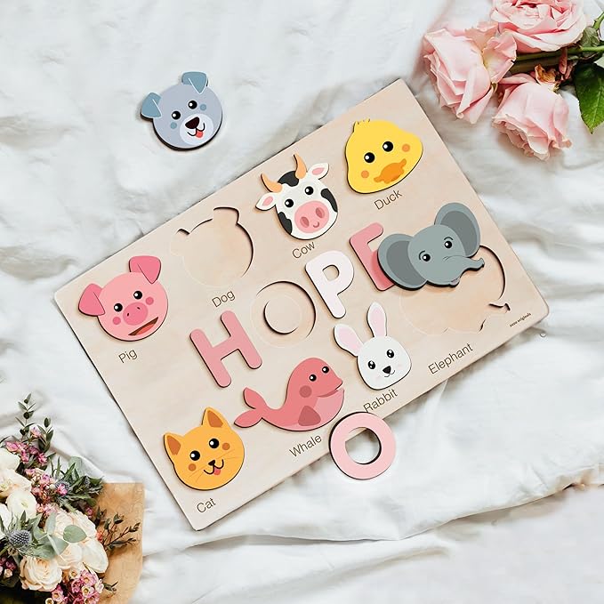 Custom Name Puzzle for Toddlers 1-3, 1 Year Old Girl Gifts, 1st Birthday Gifts Boy, ABC Wooden Puzzle Animals and Alphabet Learning Puzzles Toys for Babies, Preschool Montessori Toys