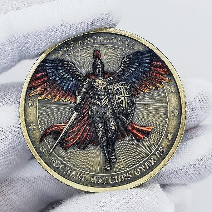 Archangel Michael Challenge Coin Religious Art Collectible with Inspirational Scripture Psalm 91:10 – 11 (Pack of 3)